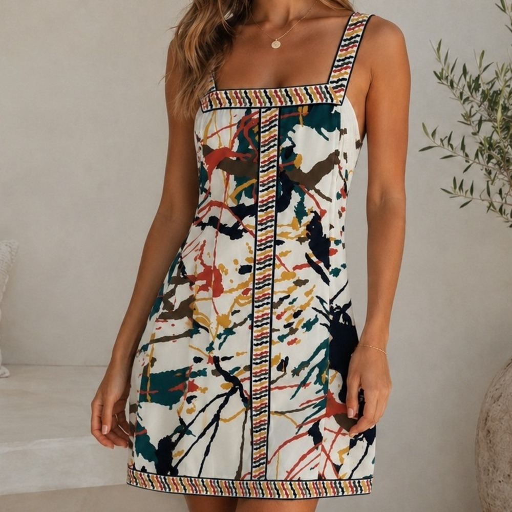 BCBG MAXAZRIA Mini Dress Abstract Paint Splatter Square Neck Multicolor Tunic S‎
